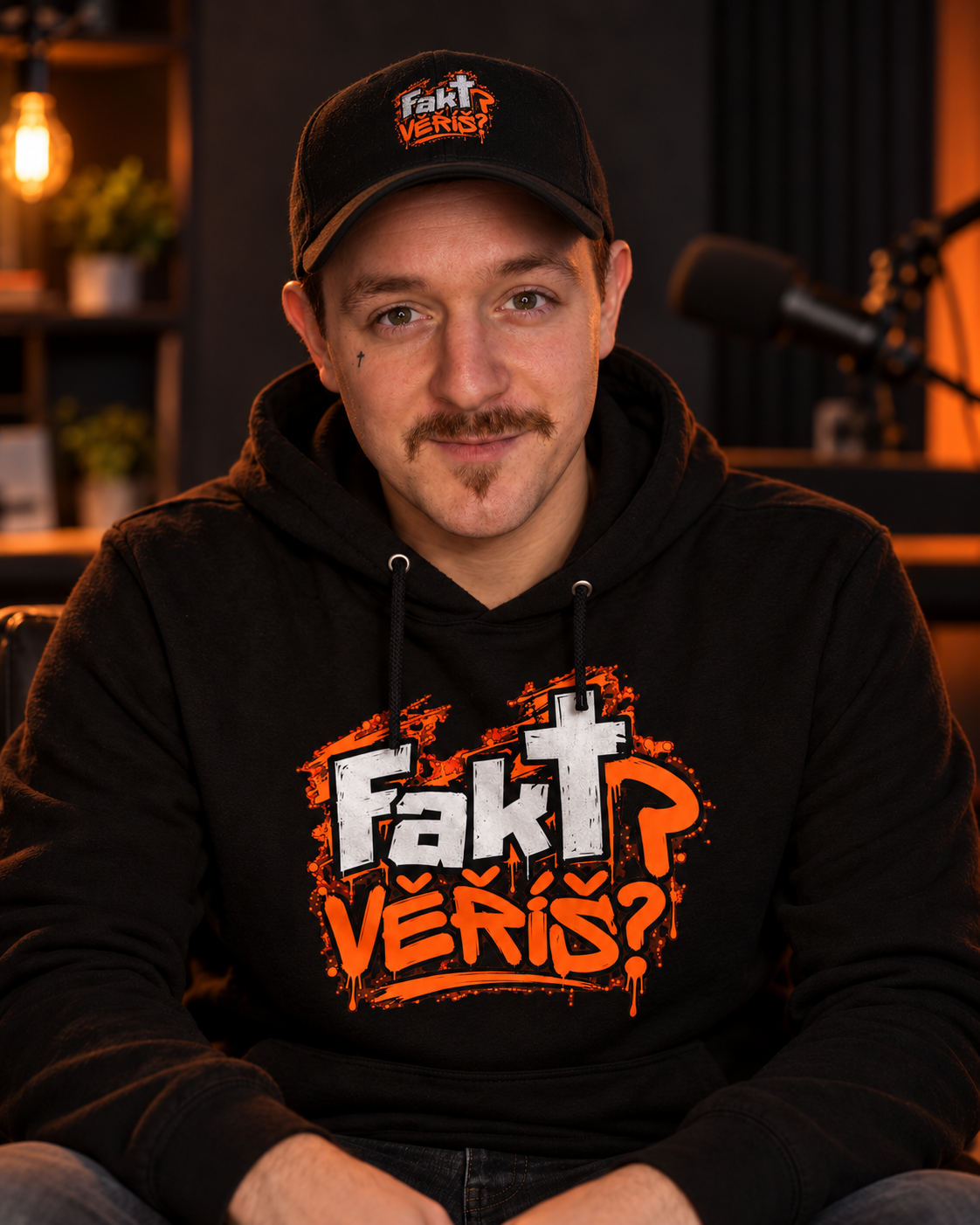 Daniel Pokorný v černé mikině a kšiltovce Fakt Věříš?